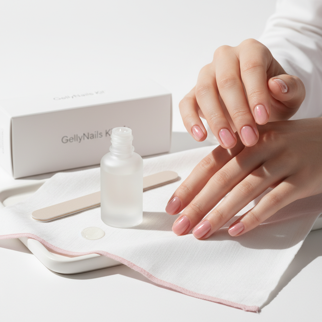 Gepflegte Hände auf Tablett mit Cuticle Oil, Nagelfeile und neutraler GellyNails-Box im minimalistischen Stil, weiches natürliches Licht — Nägelkauen ADHS