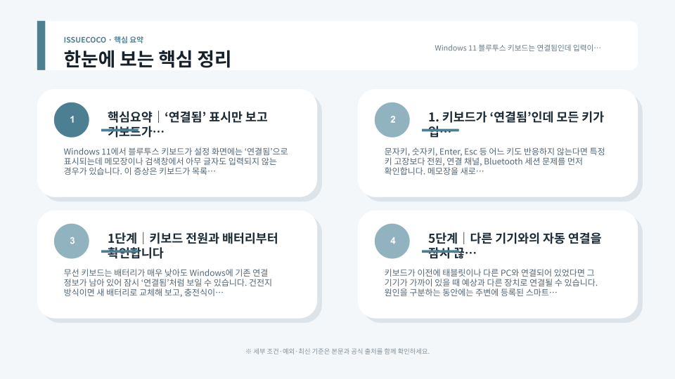 블루투스 키보드 입력 문제를 배터리와 장치 전환, 재연결, Windows Bluetooth 설정 순서로 점검하는 모습