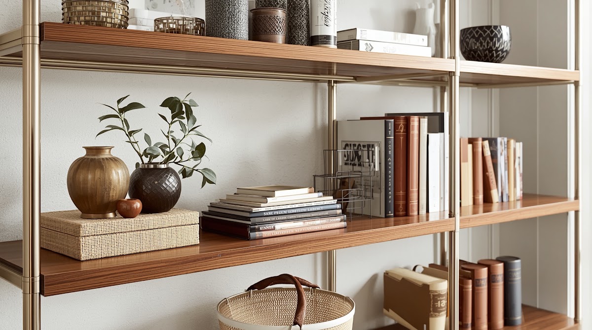 How to Style Chrome Decorative Objects on Open Wood Shelves - chrome furniture balanced with walnut oak and layered textiles