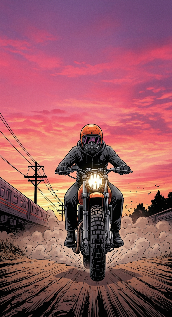 Gritty Comic Art of a Biker in Gas Mask Riding Motorcycle at Sunset