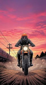 Gritty Comic Art of a Biker in Gas Mask Riding Motorcycle at Sunset