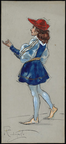 A man stands facing away with hand upraised wearing a blue doublet hose and a re