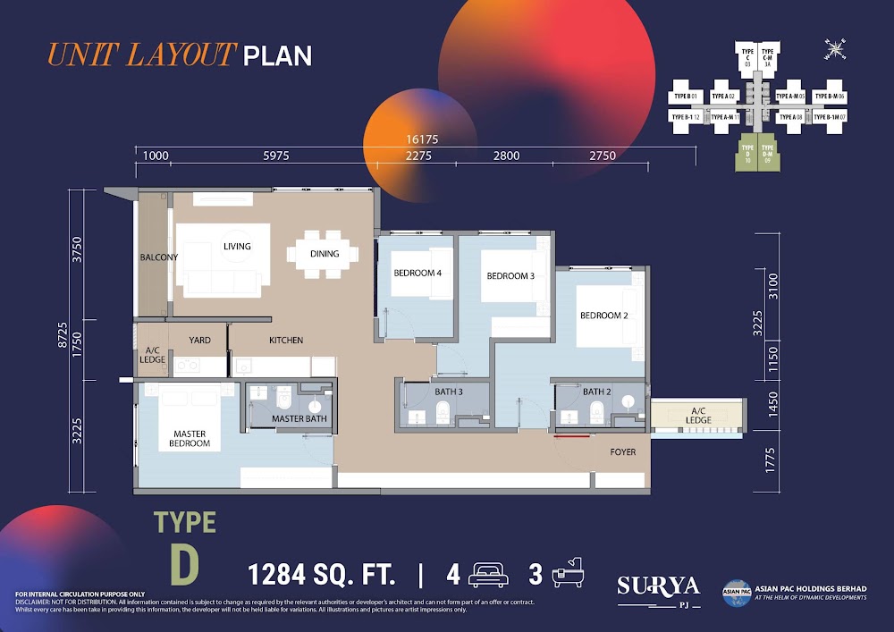 Dwi Aurora Type D floor plan — 1284 sq ft, 3 bedrooms