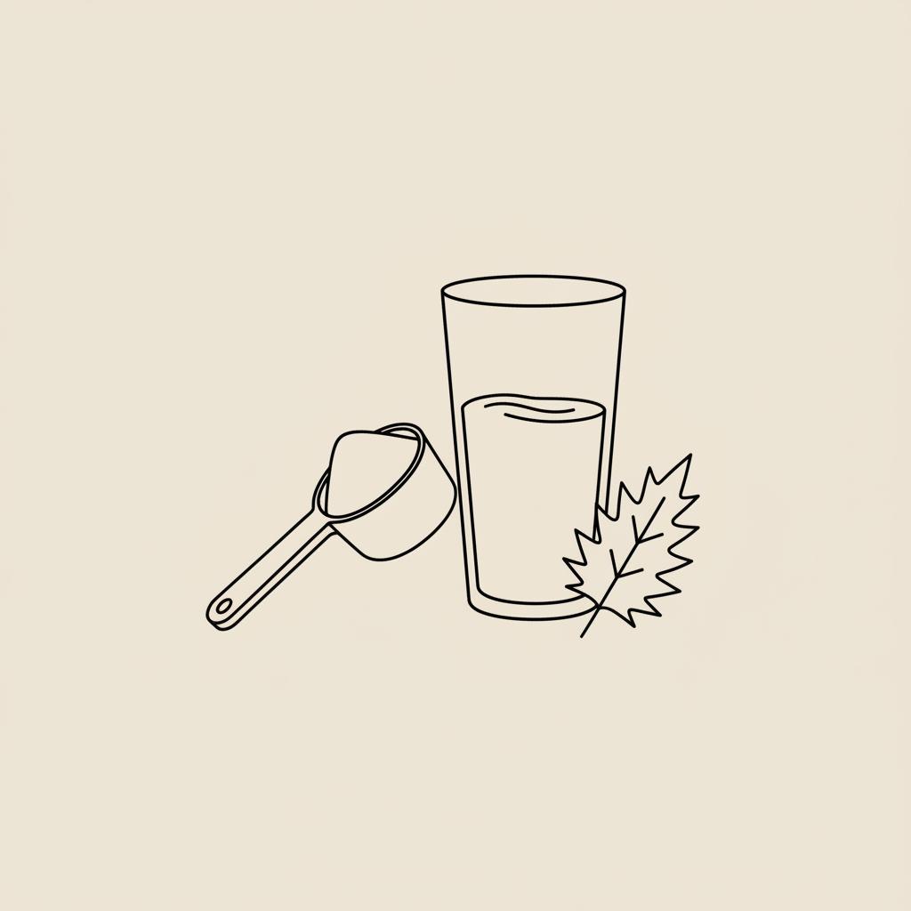 Minimalist Tonum-style line illustration of a protein scoop, glass of water, and milk thistle leaf on a beige background, representing whey protein without working out