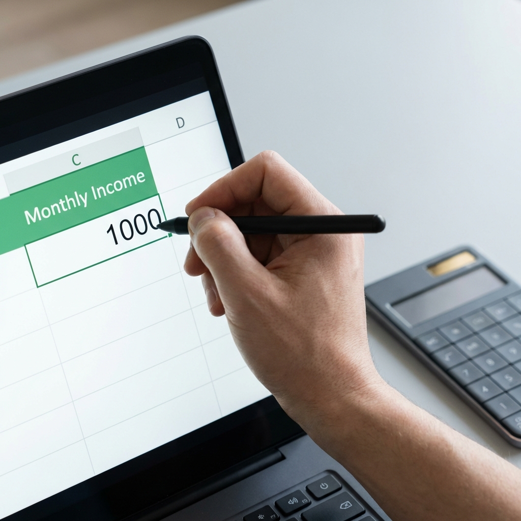 Hand entering 1000 into a Monthly Income spreadsheet column with pen and calculator on a minimalist dark desk for retirement planning tips