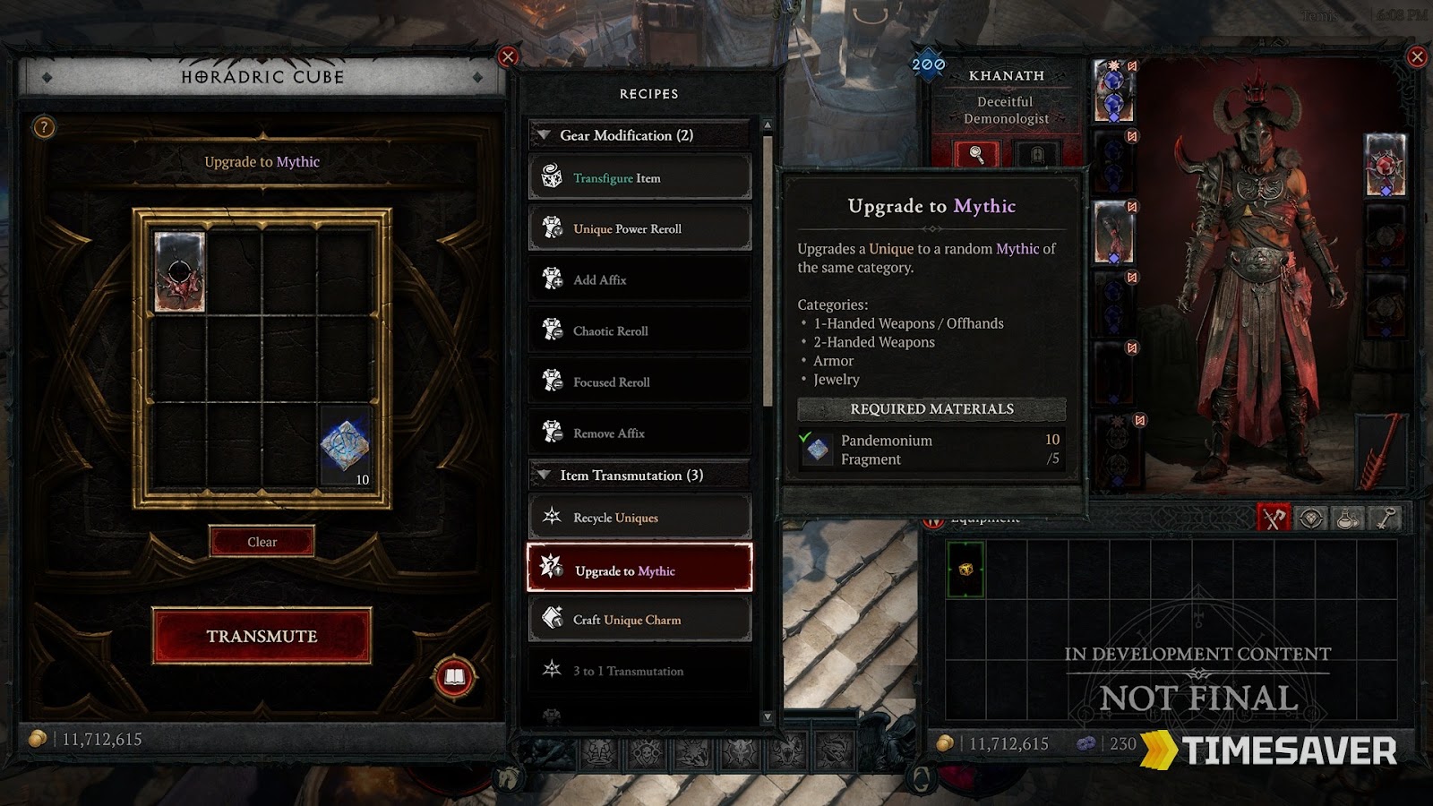 Diablo 4 Horadric Cube 'Upgrade to Mythic' recipe showing it costs 5 Pandemonium Fragments to turn a Unique into a random Mythic of the same category