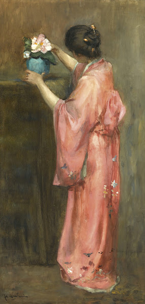 A Girl In Kimono Arranging Flowers