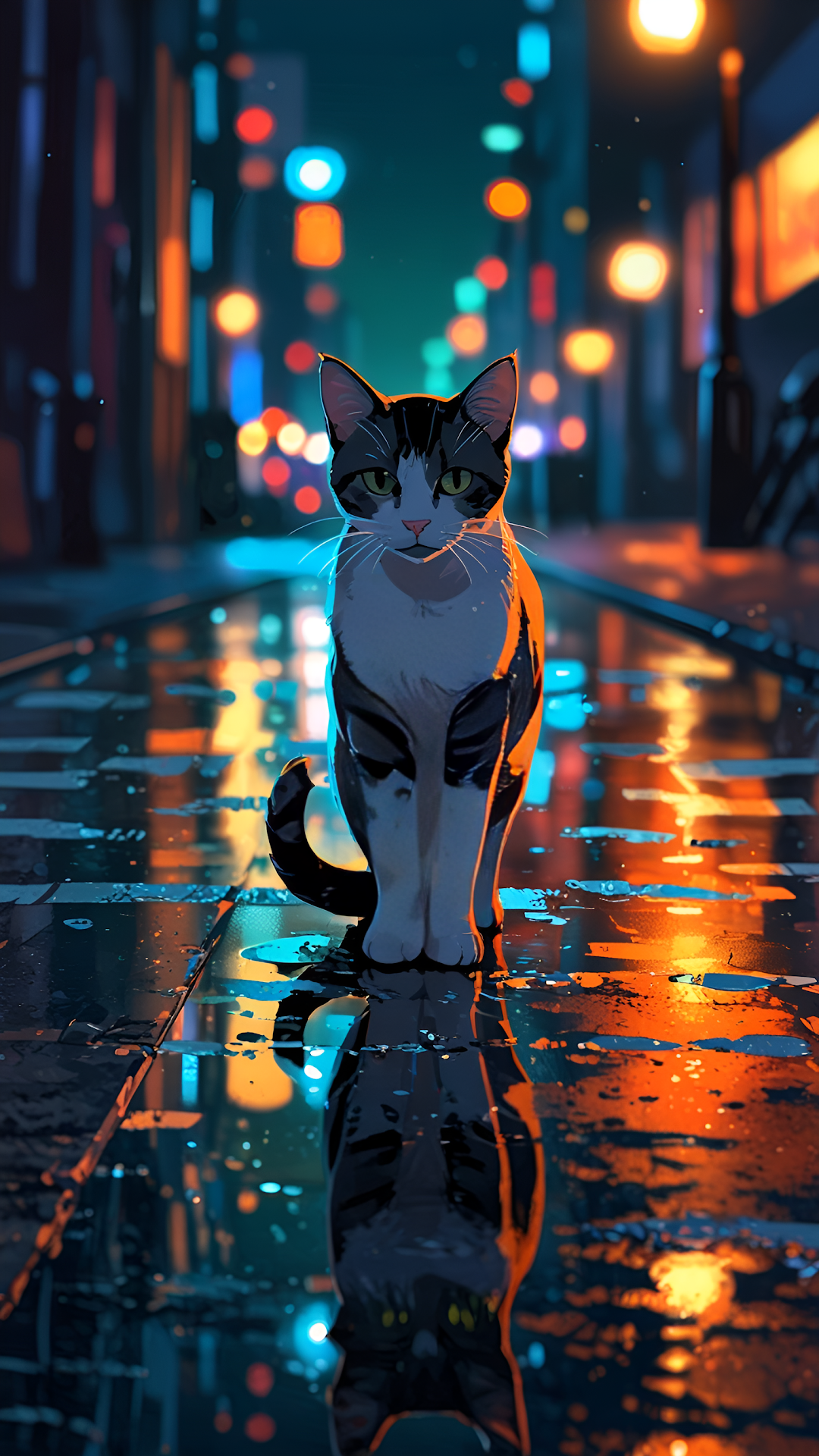 Cat Sitting on Rainy Neon City Street at Night - Free 4K mobile Wallpaper
