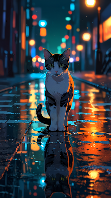 Cat Sitting on Rainy Neon City Street at Night - Free mobile Wallpaper