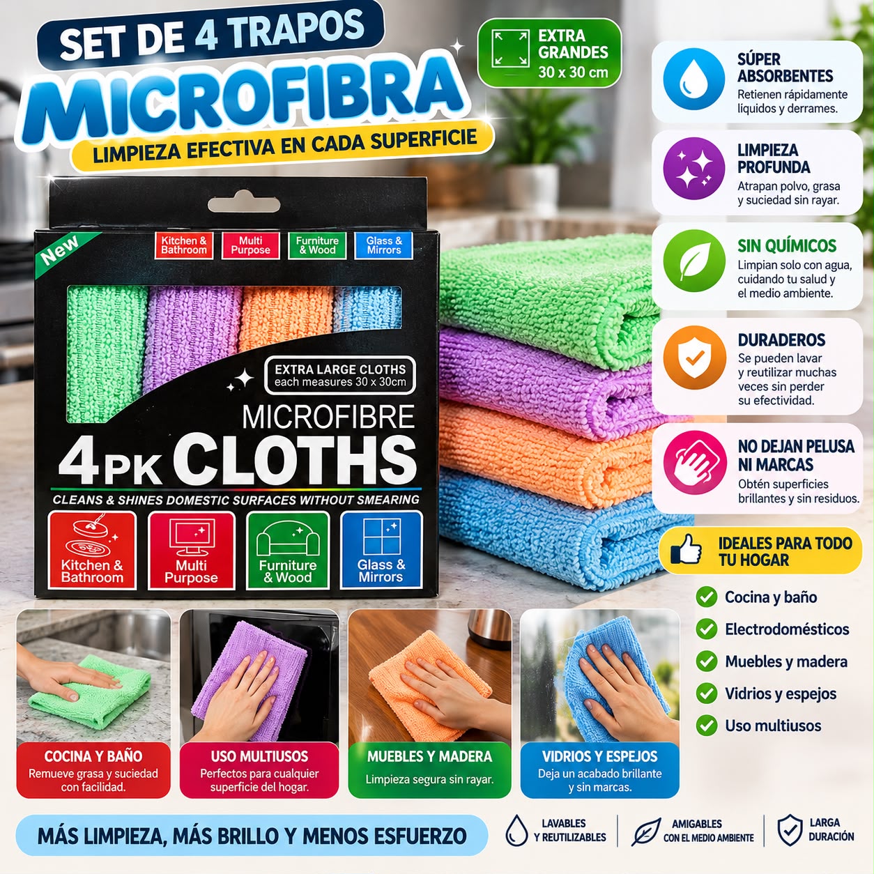 Set de 4 trapos de microfibra 30 x 30 cm