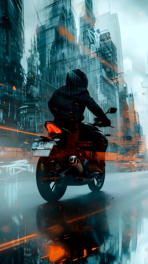 Motorcyclist Riding Through Glitchy Cyberpunk Cityscape
