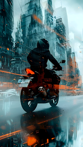 Motorcyclist Riding Through Glitchy Cyberpunk Cityscape