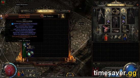 PoE2 Trial of Chaos Favours reward screen showing a Tribute-cost unique reward — the reward system reworked to Currency and Soul Cores in 0.5.5