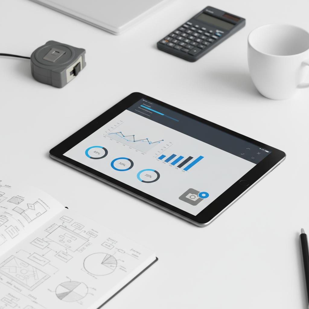 Close-up tablet on white work surface showing a graphical construction management software dashboard, surrounded by measuring tape, calculator, coffee cup and sketched notebook plans.