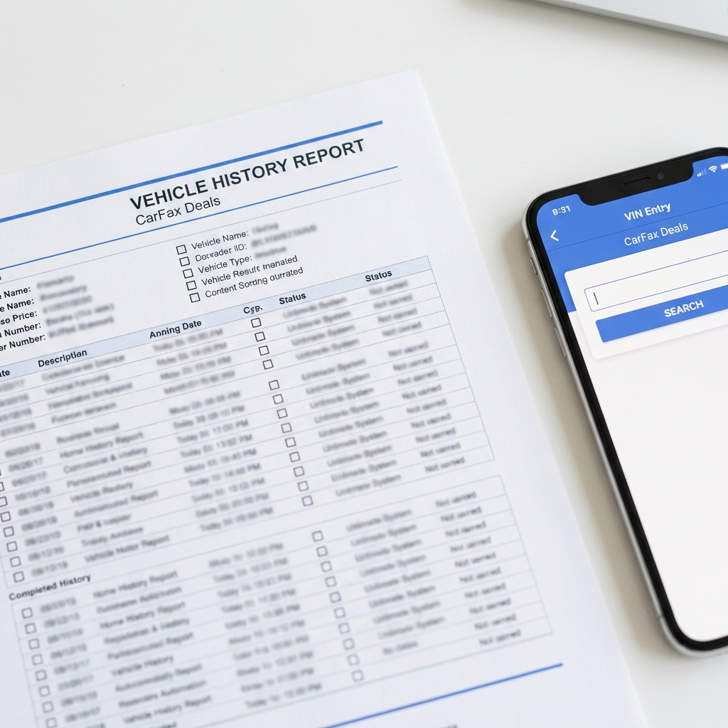 Close up vehicle history report printout next to smartphone displaying VIN entry field on white background toyota rav 4 for sale near me