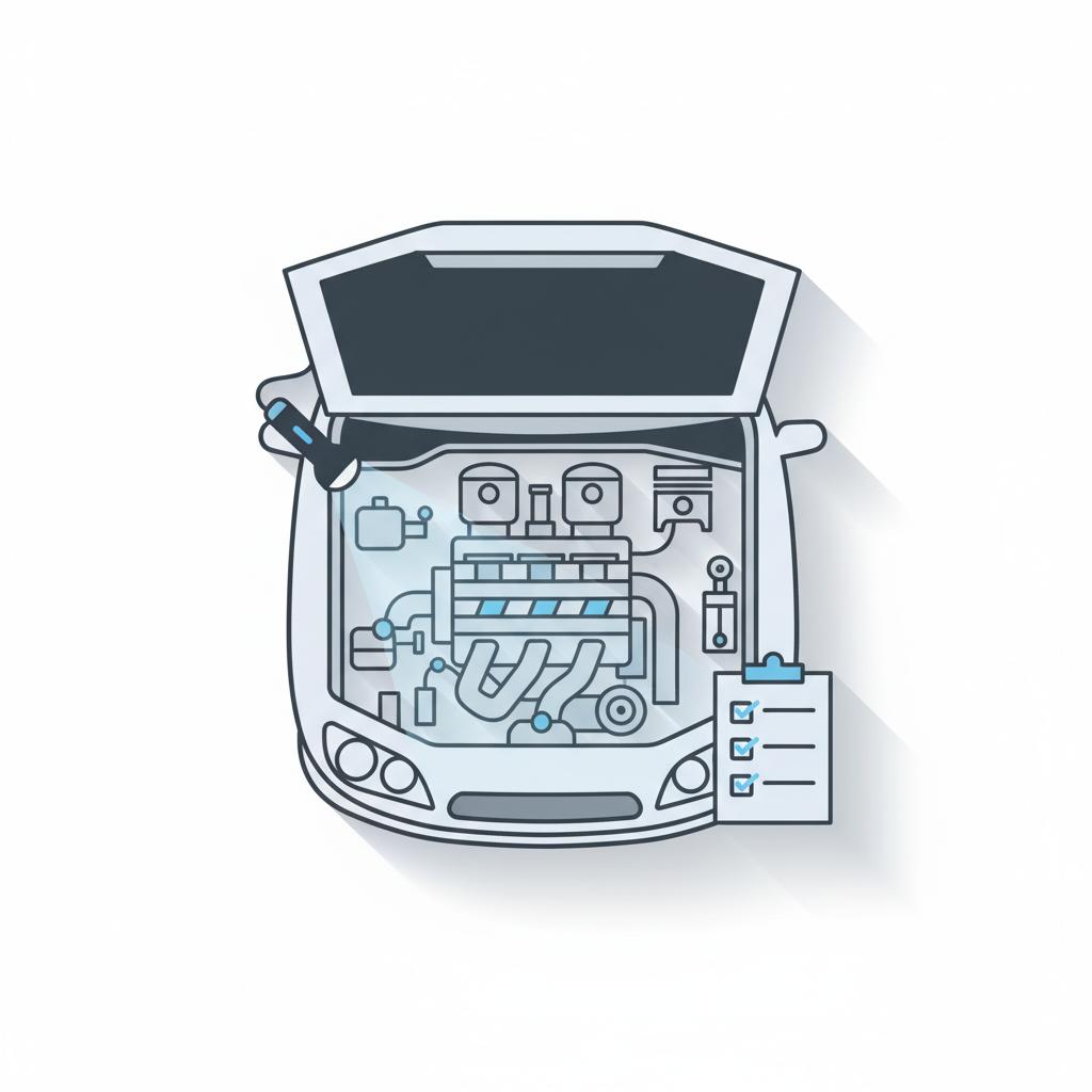 Minimalist top down vector of a car engine inspection with open hood flashlight illuminating components and checklist who gives the best car valuations