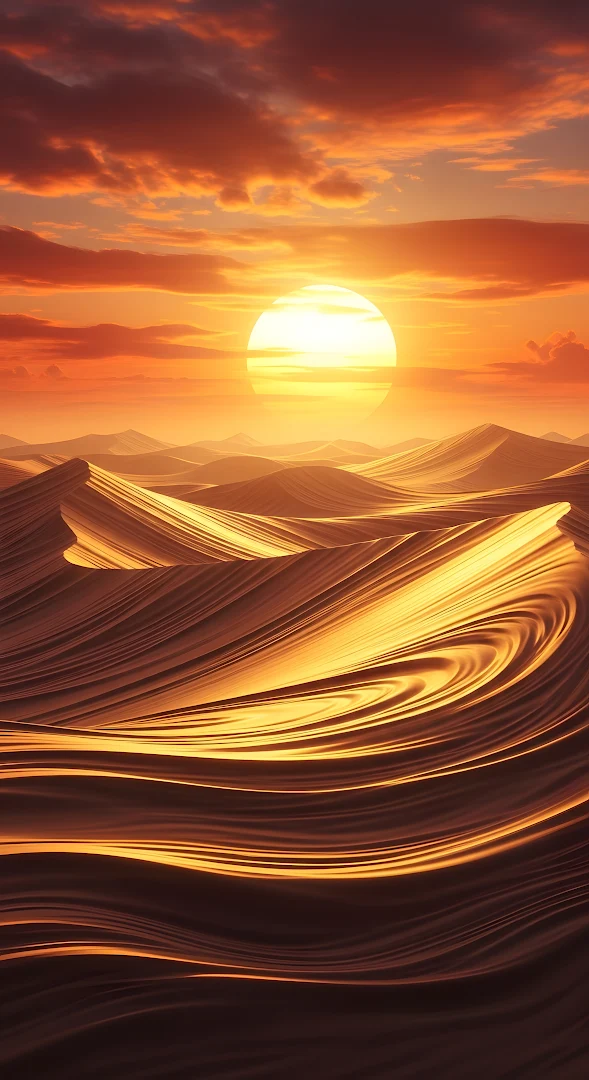 Surreal Desert Dunes with Fluid Swirls at Sunset
