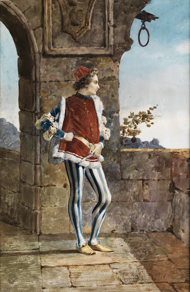 Courtly youth in medieval costume at an arch of the wall with a view of the land