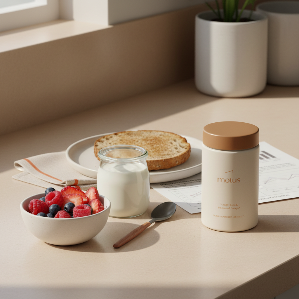 Motus supplement jar on a minimalist kitchen counter with berries, Greek yogurt, whole-grain toast and a research sheet, illustrating belly fat burners that work.