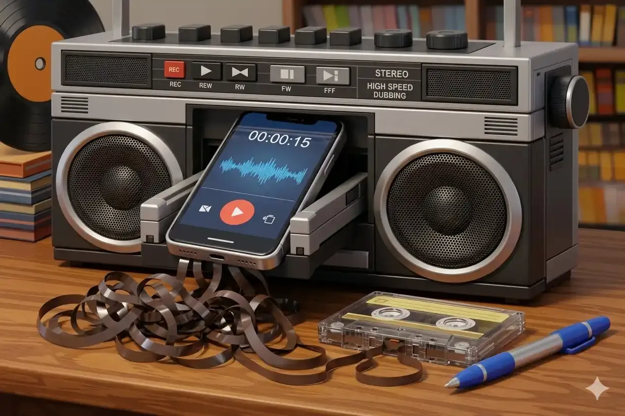 Una radio casetera clásica de los 80 que tiene un teléfono inteligente moderno grabando audio en su ranura para casetes, con cinta magnética enredada saliendo de ella sobre un escritorio.