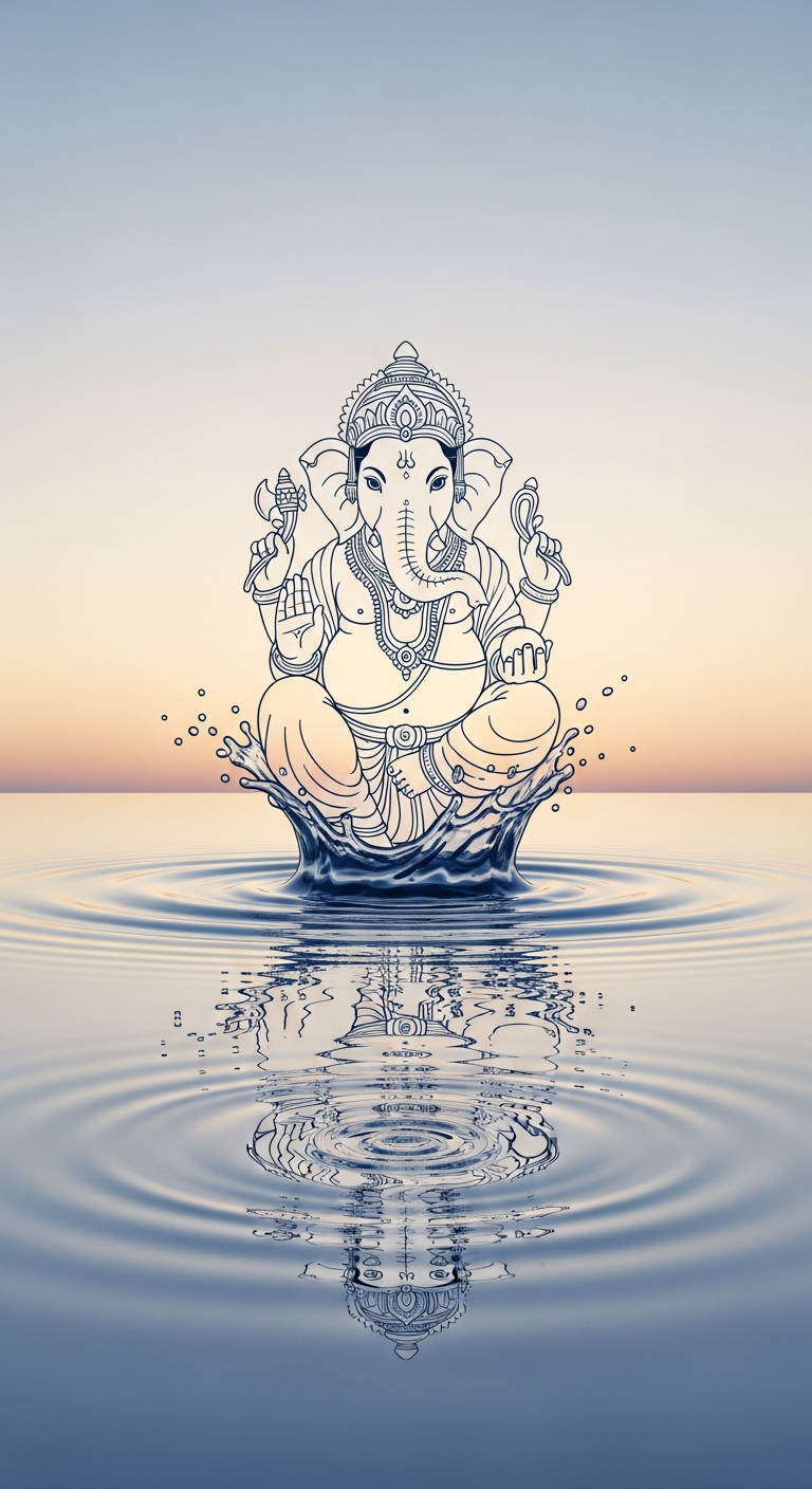 Minimalist Line Art Ganesha Statue Emerging from Water with Ripples at Sunset - Free 4K mobile Wallpaper