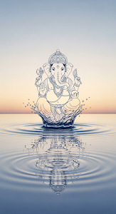 Minimalist Line Art Ganesha Statue Emerging from Water with Ripples at Sunset