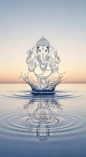 Minimalist Line Art Ganesha Statue Emerging from Water with Ripples at Sunset - Free mobile Wallpaper