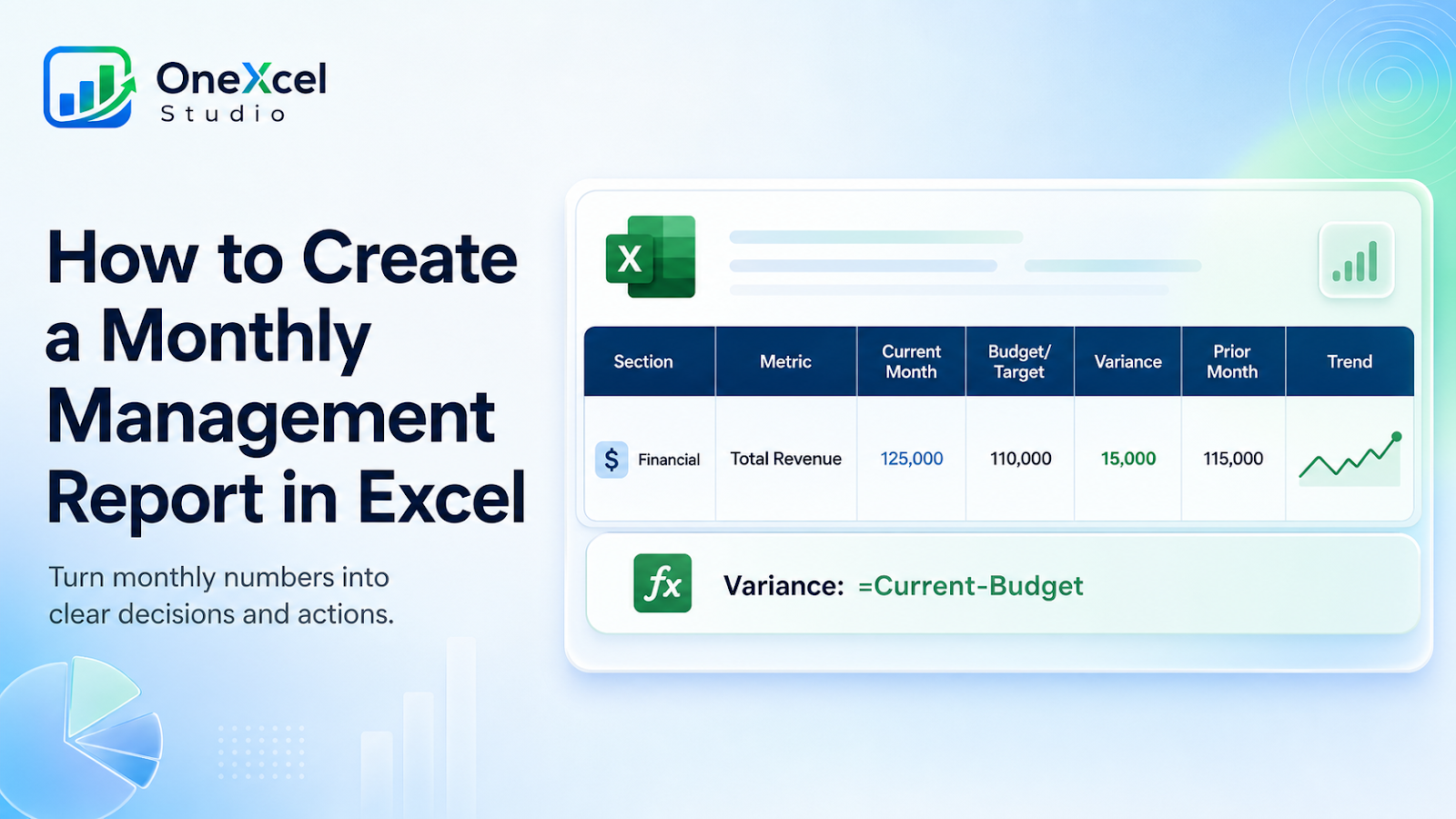 Excel monthly management report with headline results, variances, updates, and actions