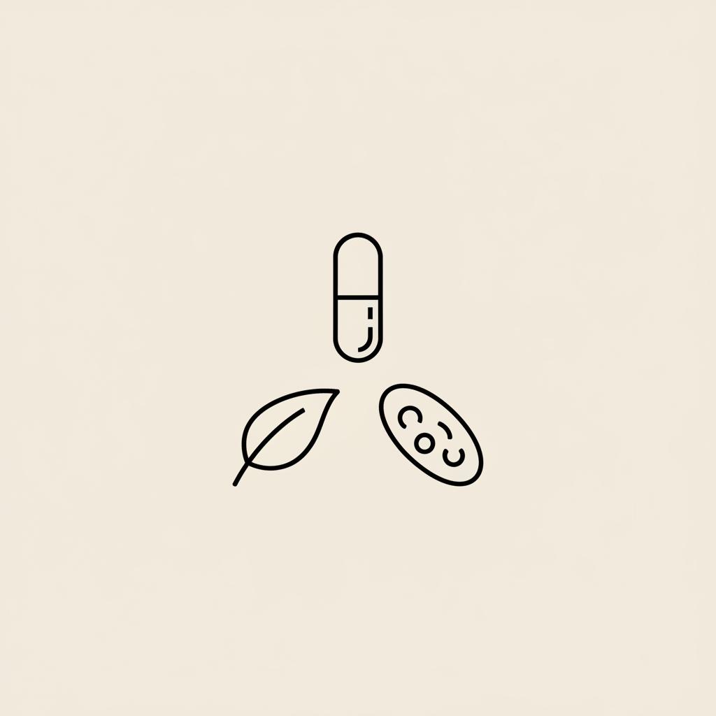 Minimalist Tonum-style line illustration of a capsule, leaf, and mitochondrion icon on a beige background, representing how to repair mitochondria naturally