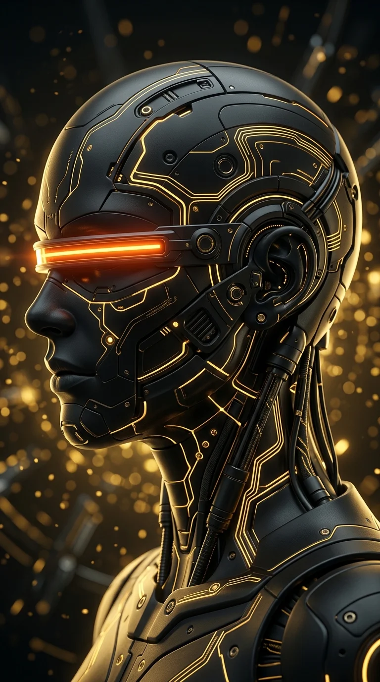 Profile of a Cybernetic Android with Glowing Gold Circuits - Free 4K mobile Wallpaper