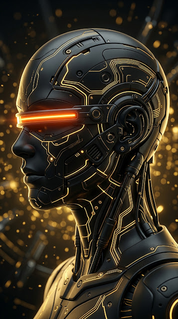 Profile of a Cybernetic Android with Glowing Gold Circuits - Free mobile Wallpaper