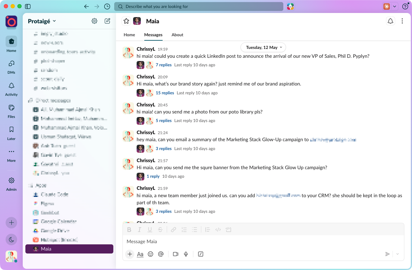 A DM thread with Maia covering brand questions, content requests, image generation, CRM updates and email drafting