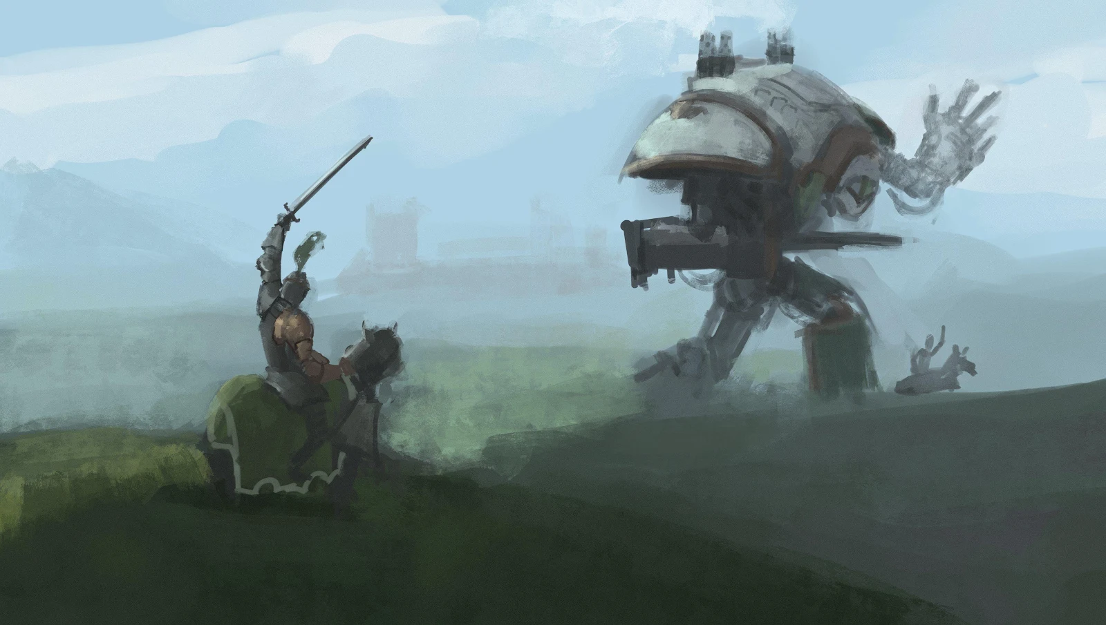 Knight Facing A Giant Mech - Digital Concept Art 4K Wallpaper (4096x2318)