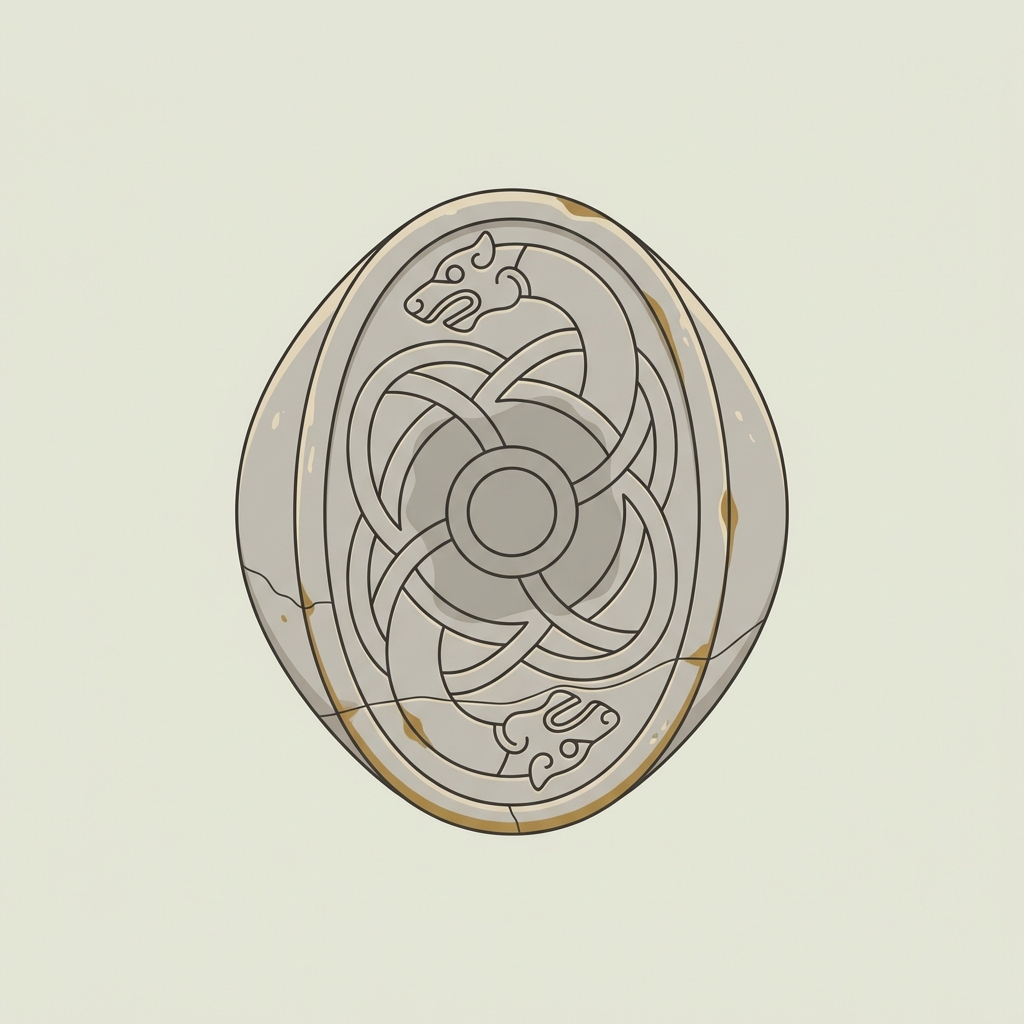 Minimal 2D vector close up of an antique viking ring bezel showing bezel footprint patina and restoration seams lit to reveal subtle surface texture on a soft ede7da background