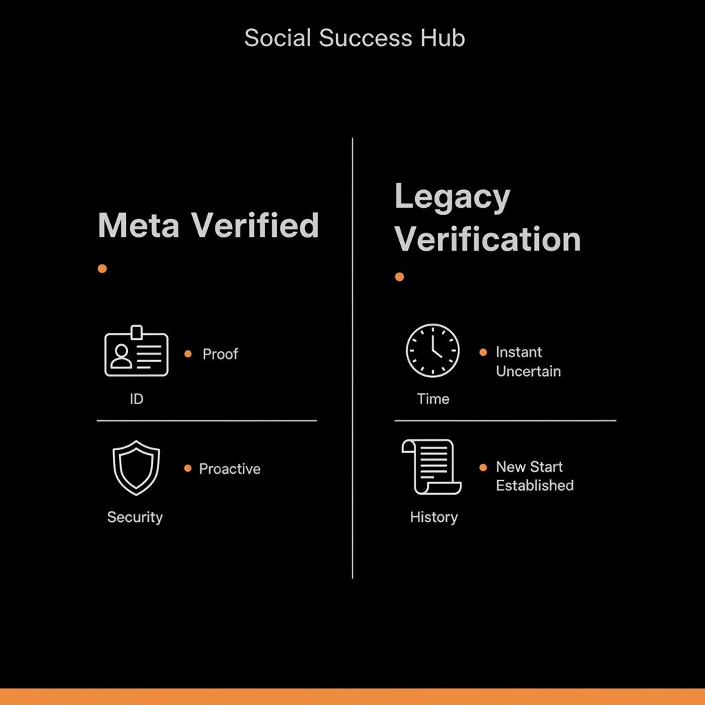 Side-by-side infographic comparing Meta Verified and Legacy Verification with ID, clock, shield, document icons on a black background — can you pay for a blue tick on Facebook