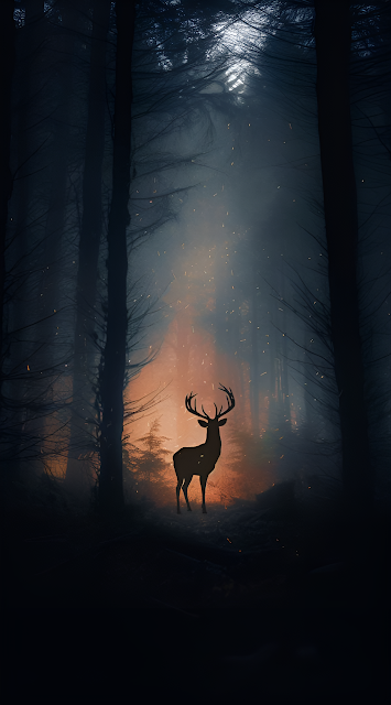 Stag Silhouette Dark Forest Fire Glow Cinematic Wildlife - Free mobile Wallpaper
