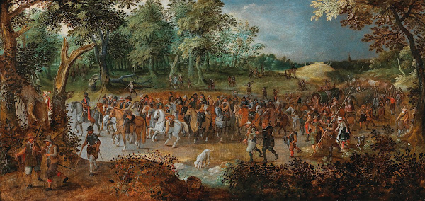 A procession of soldiers on horseback at the entrance of a forest