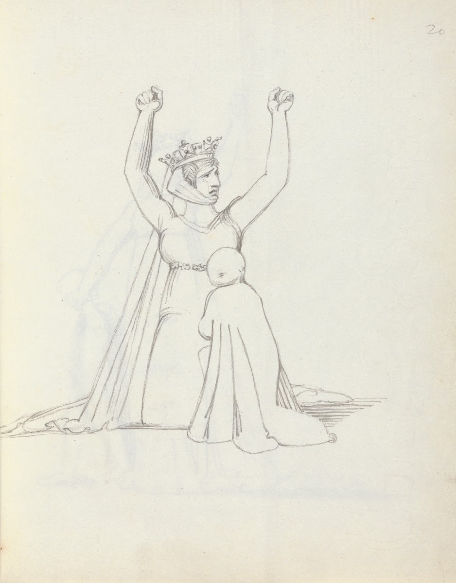Mrs Siddons kneeling with arms raised over her head hands are curled into fist 1