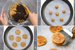 Trộn 150g chocolate chip vào hỗn hợp bột. Sau đó, vê bột thành từng viên nhỏ rồi đặt lên chảo có lót giấy nến rồi ấn dẹp viên bột. Chiên 1 mặt trong khoảng 10 phút sau đó lật mặt lại rán thêm 10 phút nữa.