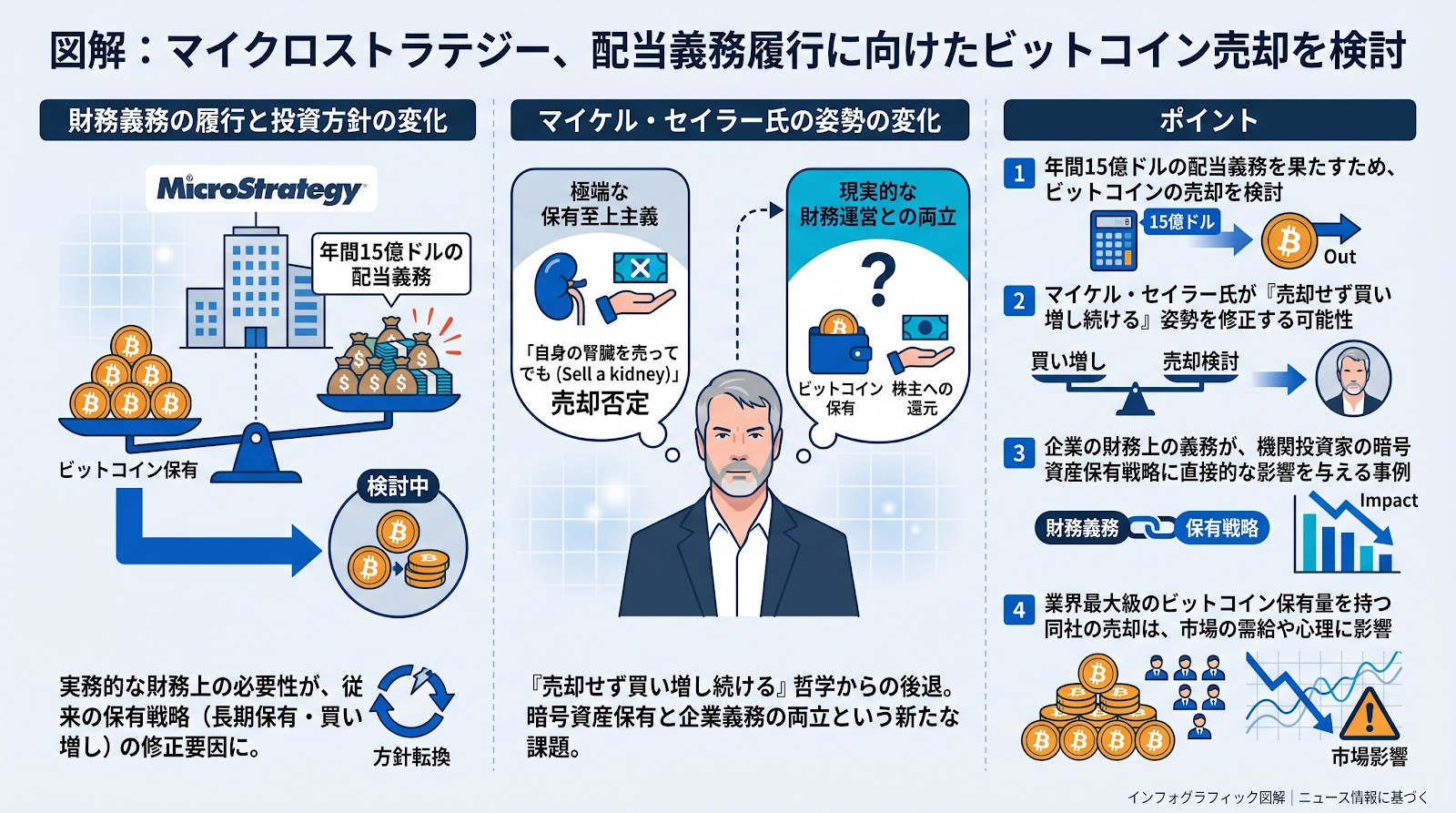 マイクロストラテジー、配当義務の履行に向けたビットコイン売却を検討か