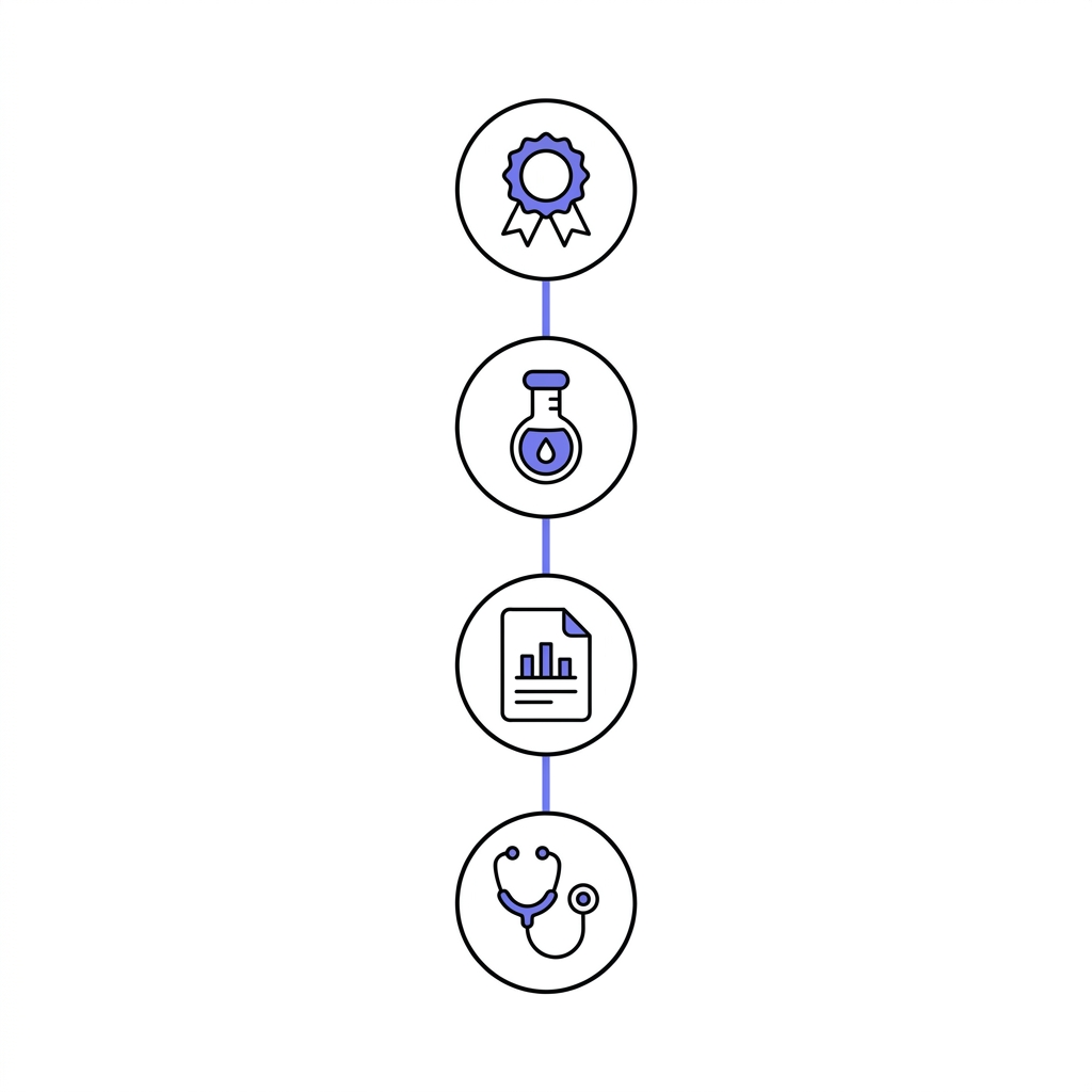 Minimalist vector checklist showing supplier vetting steps for peptides with certificate badge, batch testing vial, published data chart, and stethoscope icons on white background