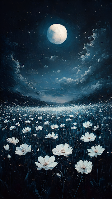 Ethereal Night Field Painting with White Flowers and Moon - Free mobile Wallpaper