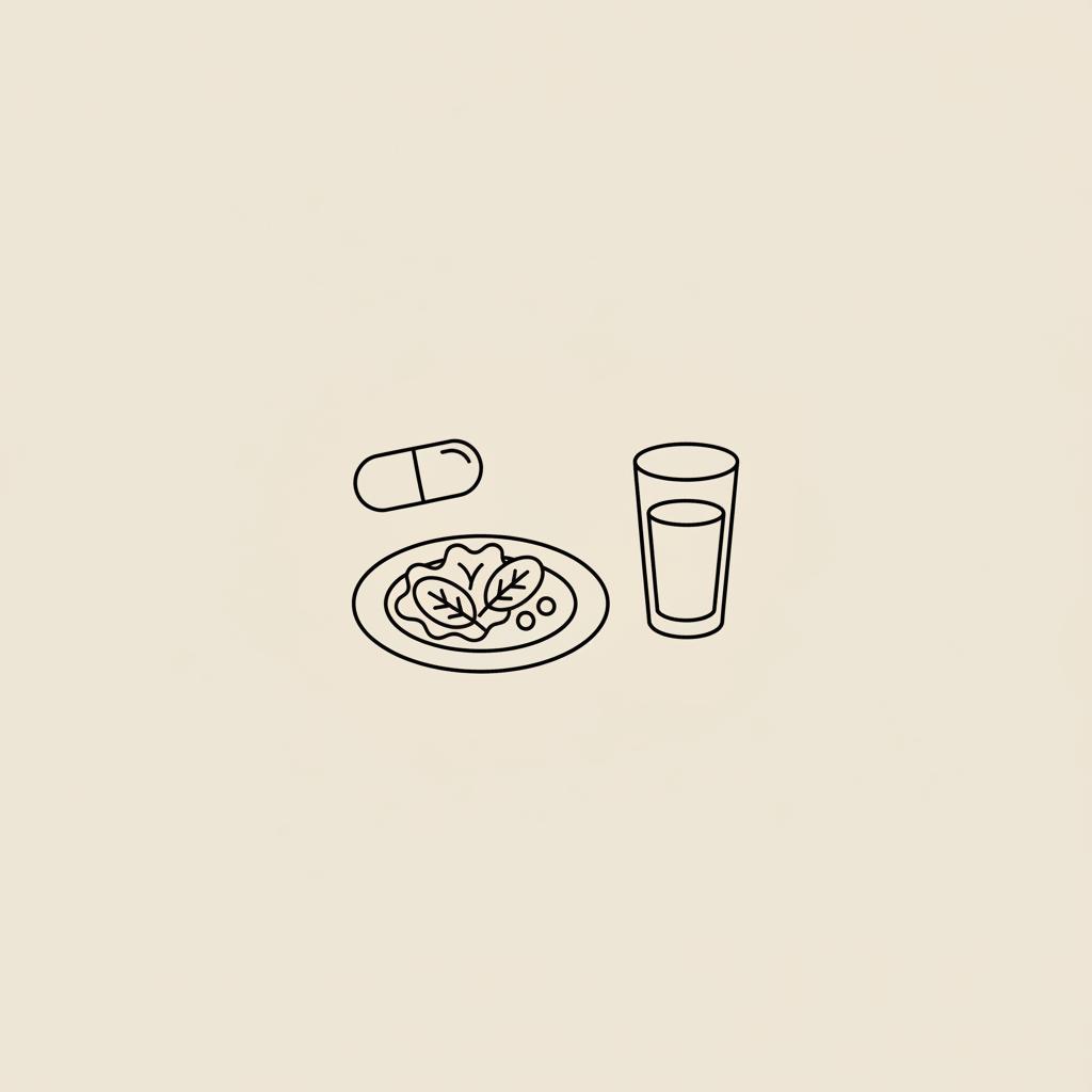 Minimalist Tonum-style line illustration of a capsule, a plate with a small salad, and a water glass on beige background — how much chromium picolinate to take per day