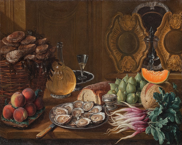 Still life with oysters figs peaches radishes and a melon