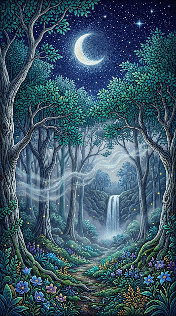 Mystical Forest Under Crescent Moon in Pointillism Style - Free mobile Wallpaper