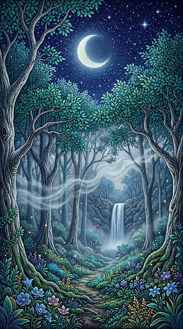 Mystical Forest Under Crescent Moon in Pointillism Style