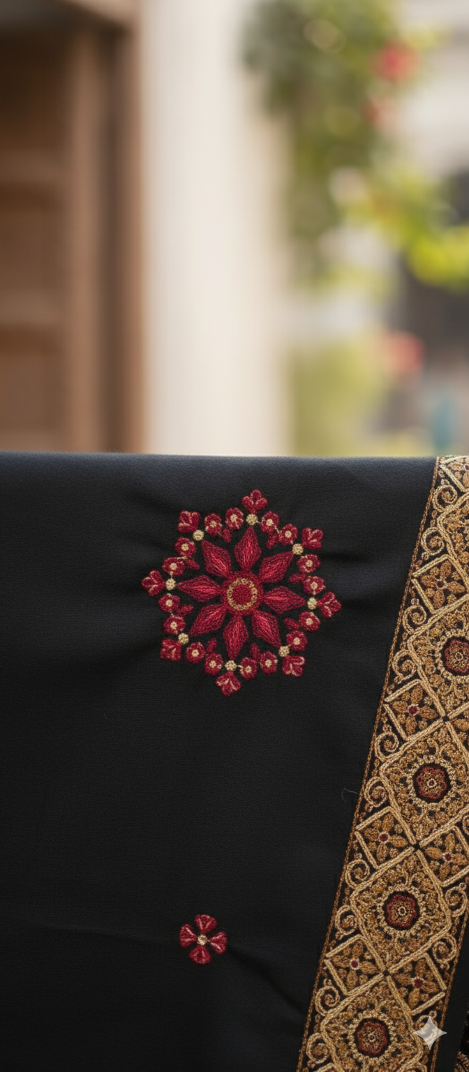 Luxury Black Wool Shawl with Woven Gold Jacquard Border | Premium Winter Scarf for Women