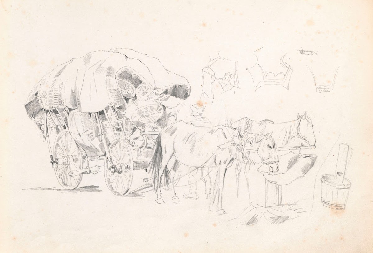 Loaded farm cart two unharnessed horses 1881   1883