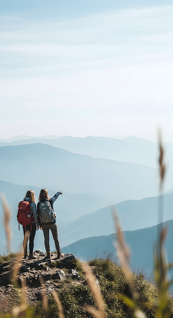 Two Hikers Viewing Layered Blue Mountain Vista - Free mobile Wallpaper