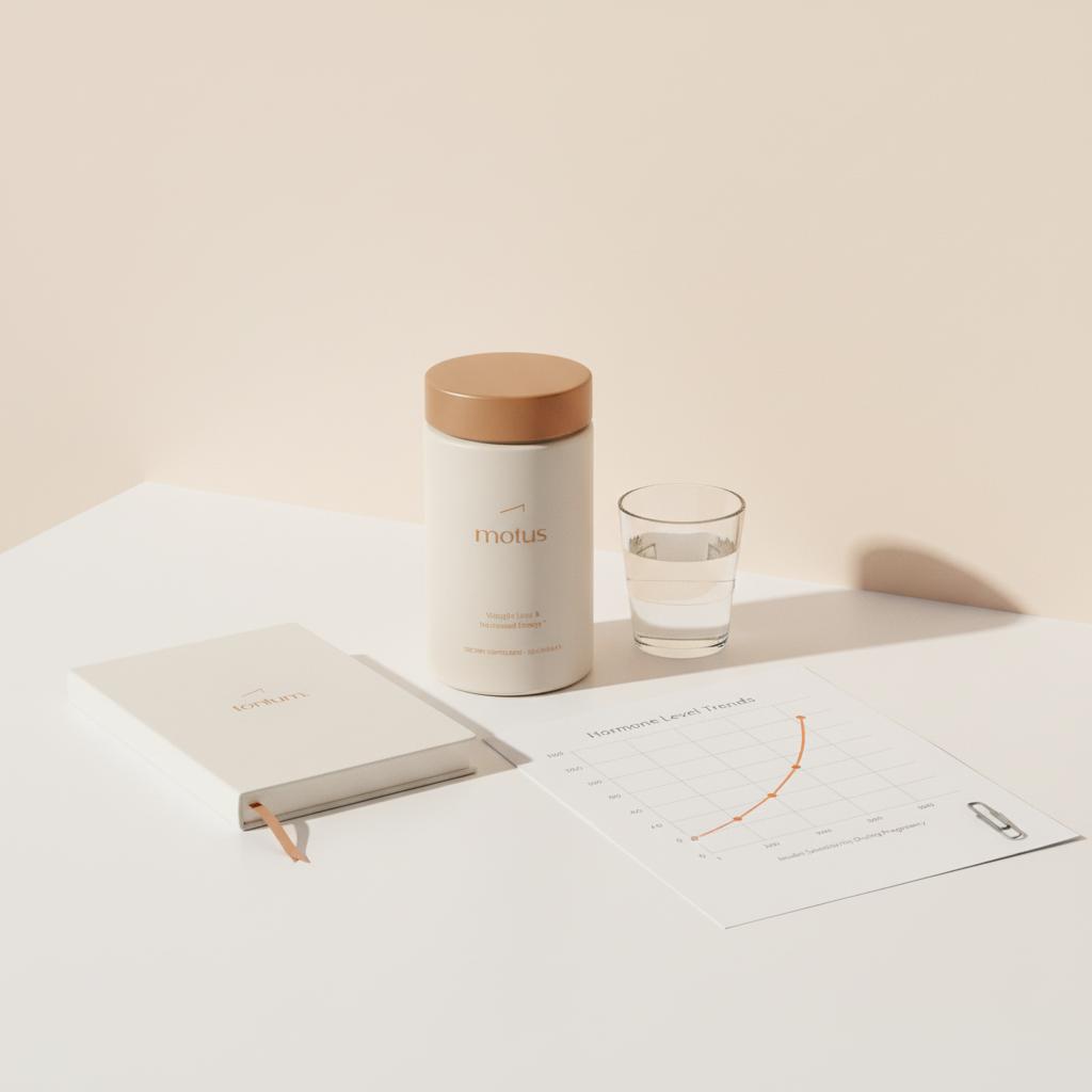 Tonum notebook, Motus supplement container, glass of water and simple chart showing rising hormone levels — what hormone decreases insulin sensitivity in pregnancy